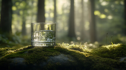 Poster - A glass of water on a moss covered stone, The forest background is blurred sunlight