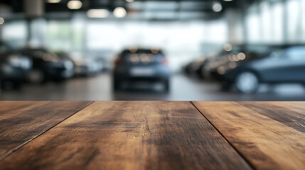 Aufkleber - Empty wood table top with cars in showroom blurred defocused background