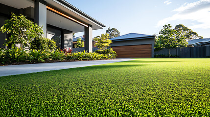 Leinwandbilder - A contemporary Australian home or residential buildings front yard features artificial grass lawn turf with timber edging