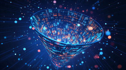 Poster - Big data technology and information funnel concept, Large digital funnel with online data as process of data collection, analysis, and transformation into useful information, Modern, digital style