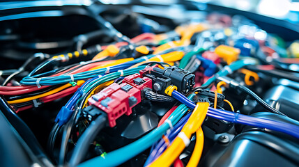 Leinwandbilder - Colorful wire harness and plastic connectors for vehicles, automotive industry and manufacturing