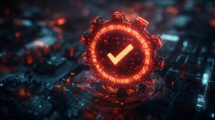 Poster - Glowing gear with check mark in futuristic digital setting