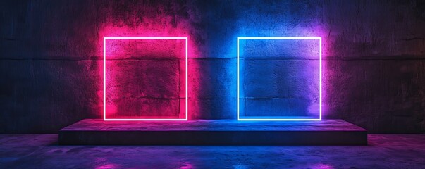 Poster - Neon glowing frames against concrete wall in dark room, futuristic abstract background. Modern art and digital concept