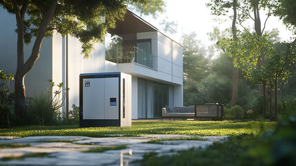 Leinwandbilder - Hydrogen fuel cell power generator near residential house, clean energy for household