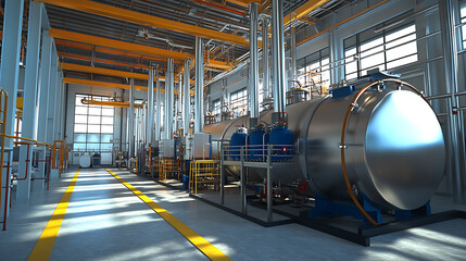 Leinwandbilder - Interior of modern industrial boiler room with large metal tanks and pipes at industry factory