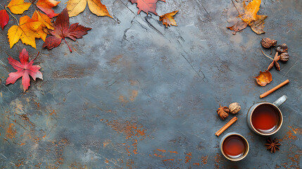 Aufkleber - Hot tea with fall foliage, pumpkins, cinnamon sticks and star anise, Colorful autumn leaves for happiness mood, Grey stone table, top view