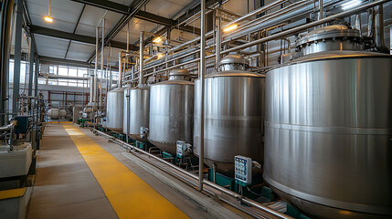 Poster - Interior of modern industrial boiler room with large metal tanks and pipes at industry factory