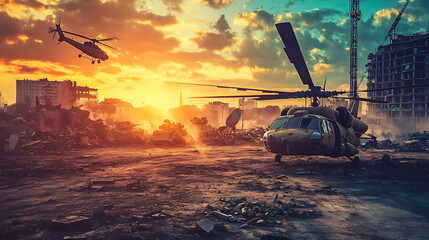 Fototapete - Military helicopters, forces and tanks in plane in war at sunset over destroyed city