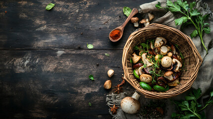 Aufkleber - art Basket with fresh porcini mushrooms in the summer or autumn season, cep mushrooms and spices herbs on a wooden table, Italian recipe