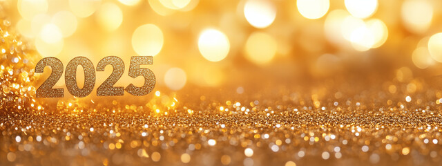 3D glittering gold 2025 outdoors on a shiny golden background with bokeh lights