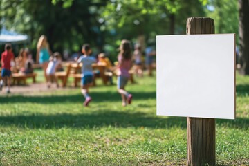 Wall Mural - Blank billboard panel mockup in a sunny park with playing children