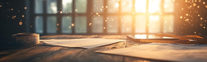 Poster - A warm-lit workspace features scattered papers and creative tools, illuminated by sunlight streaming through a window, creating an inspiring atmosphere.