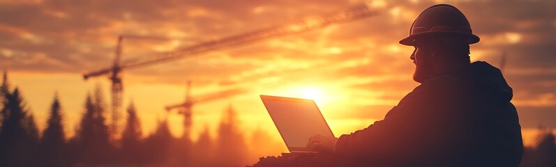 Leinwandbilder - A silhouette of a worker with a laptop against a vibrant sunset, highlighting the blend of technology and nature in construction.
