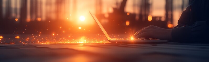Poster - A person works on a laptop during sunset, creating a warm and inspiring atmosphere filled with light and creativity.