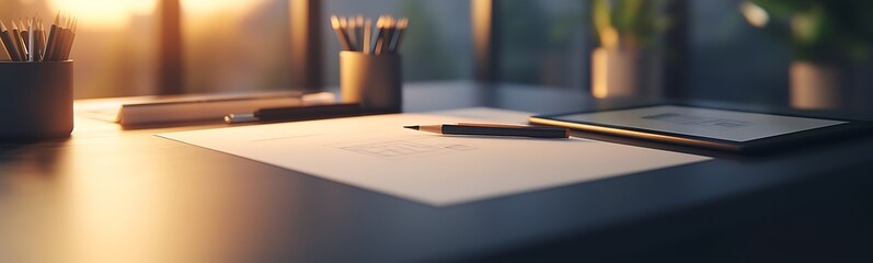 Poster - A serene workspace featuring a desk with a notepad, a pen, and potted plants, illuminated by warm sunlight coming through large windows.