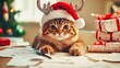 © petro - Cute cat wearing santa claus hat and reindeer antlers writing christmas wish list
