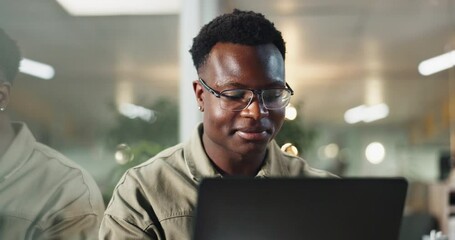Poster - Night, laptop and thinking with business black man for reflection, finance regulations and compliance officer. Corporate, technology and vision with person at insurance company for risk management