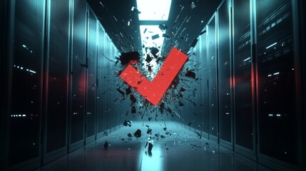 Poster - data center server room with a red check mark breaking through glass shards, cybersecurity concept