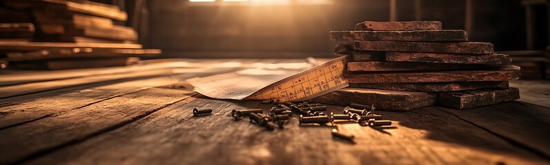 Aufkleber - A warm, sunlit scene featuring scattered tools and materials on a rustic wooden floor, showcasing craftsmanship and a cozy atmosphere.