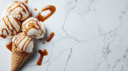 Scoops of ice cream with caramel sauce and cone on white marble table, closeup, Space for text