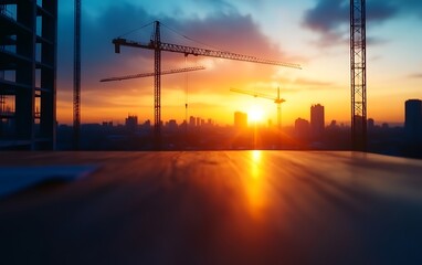 Poster - A construction site at sunset, featuring cranes silhouetted against a vibrant orange sky.