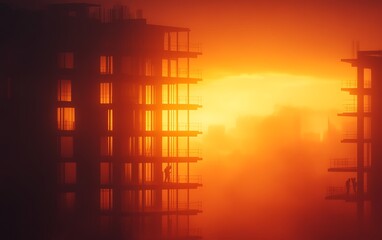 Aufkleber - A dramatic sunset illuminates a construction site, casting shadows of incomplete buildings against a vibrant orange sky.