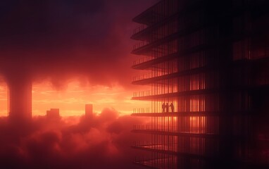 Aufkleber - A dramatic scene of a building under construction, silhouetted against a fiery sunset, creating an intense and vibrant atmosphere.