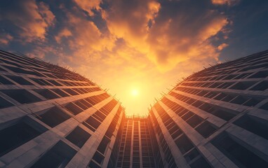 Aufkleber - A dramatic view of a sunset framed by tall buildings, with a warm glow illuminating the sky and casting shadows on the concrete structures.