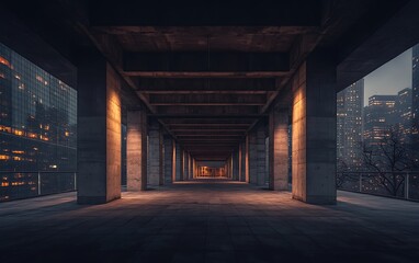 Fototapete - A dimly lit urban corridor with concrete pillars and scattered warm lighting, leading to a view of a city skyline through large windows.