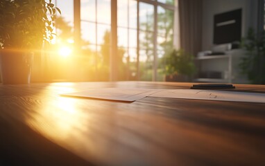 Fototapete - A warm, sunlit room with a wooden table, reflecting the light, showcasing a peaceful atmosphere enriched by natural elements.
