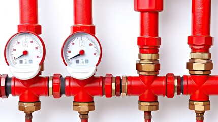 Red Pipe System with Pressure Gauges in Industrial Setting