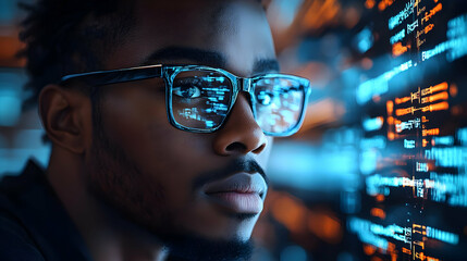 Closeup of a Person Wearing Glasses Reflecting Code - Realistic Image