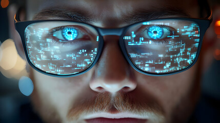 Closeup of Man with Digital Code in Glasses - Realistic Image
