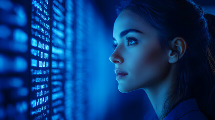Woman Looking at Blue Data Wall - Illustration