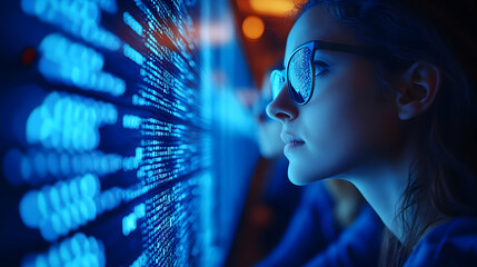 Woman Looking at Screen Full of Blue Code - Photo