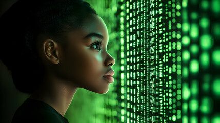 Woman Looking at Green Code Illustration