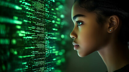 young woman looking at green code on screen - realistic image