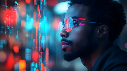 Man Looking at Screen with Neon Lights - Realistic Image
