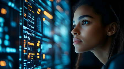 Woman Looking at Blue and Orange Screen - Realistic Image