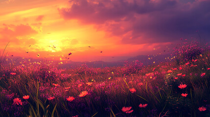 Fototapete - flowers and grass in a countryside at sunset time springtime