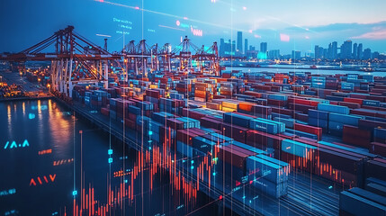 Leinwandbilder - graph with columns on the background of shipping containers in the seaport, decline or growth of exports and imports, logistics expenses