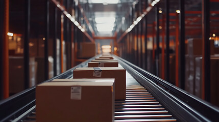 Wall Mural - a conveyor belt with boxes on it moving through a warehouse