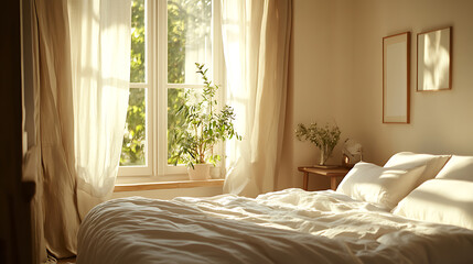 Aufkleber - calm bedroom with a comfortable bed and natural light from the window
