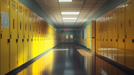 Wall Mural - school hallway with yellow lockers and empty walls