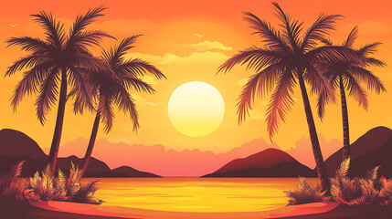 Wall Mural - summer background tropical palm trees at sunset with orange sky