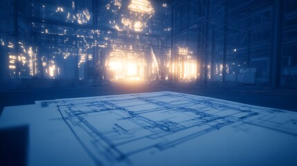 Poster - A dimly lit space features a blue architectural blueprint in the foreground, contrasting with glowing light in the background.