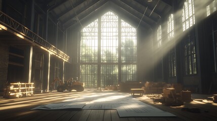 Aufkleber - A sunlit, abandoned hall with large windows, wooden floors, and scattered furniture, evoking a sense of nostalgia and tranquility.