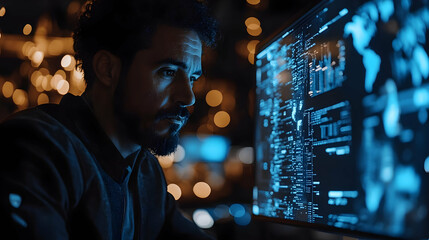 Man Looking At Computer Screen With Blue Code - Realistic Image