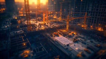 Poster - A bustling construction site illuminated by a warm sunset, showcasing cranes, scaffolding, and ongoing building activities.