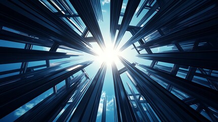 Fototapete - A stunning view looking up through metallic structures, with bright sunlight emerging from the center, creating a captivating contrast against the blue sky.